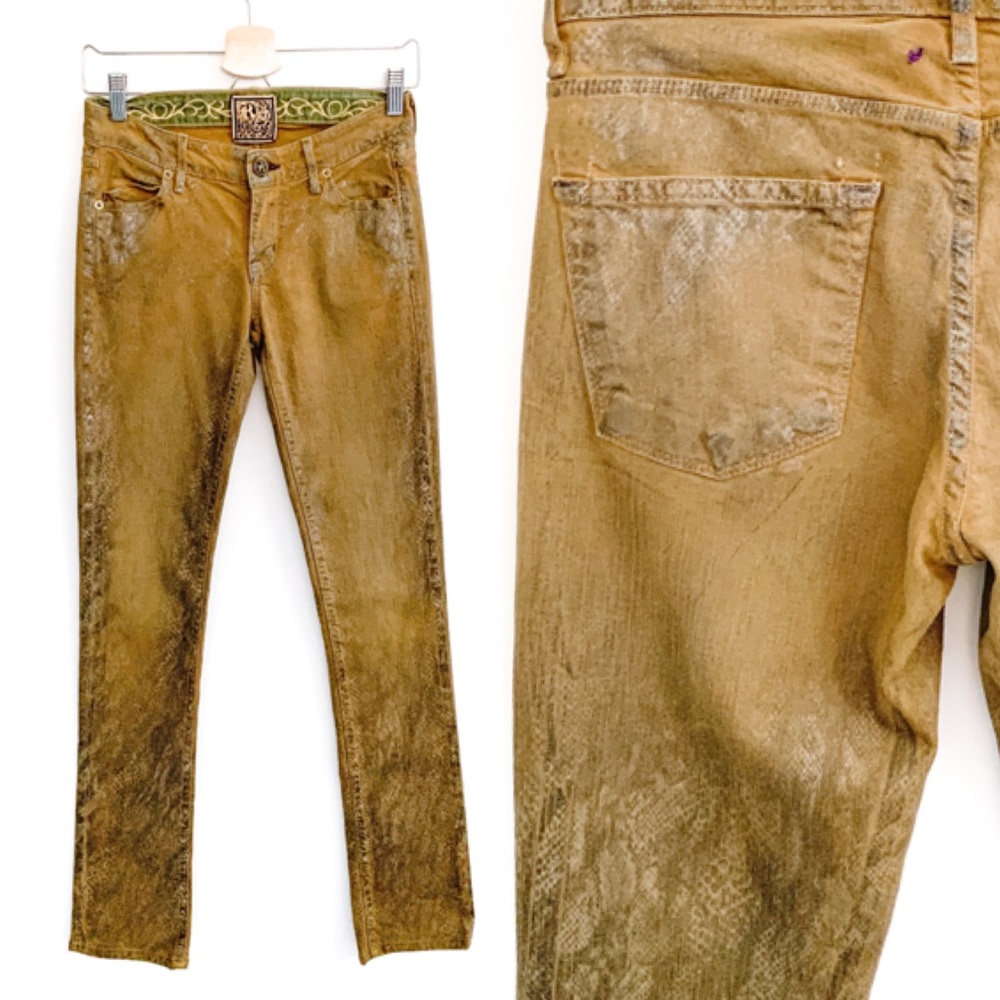Rich & Skinny Gold/Green Wax Coated Snake Detail Jeans